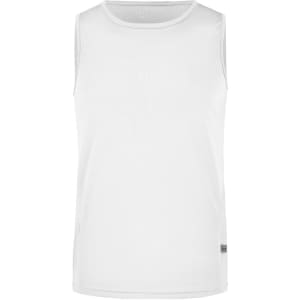 A white men's running tank top featuring a sleeveless design and a logo on the side.
