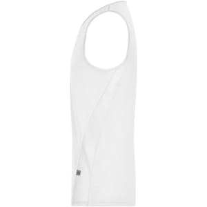 A white men's running tank top with a sleek design and a branded logo.