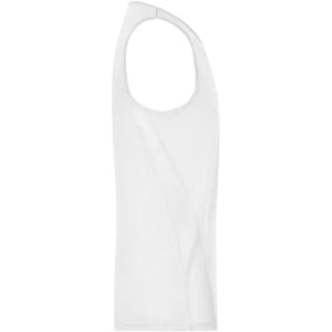 A white men's running tank featuring a sleeveless design and a logo. Ideal for active wear.