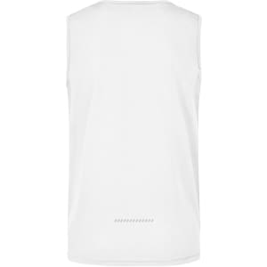 A white men's running tank top featuring a simple design and a logo on the back.