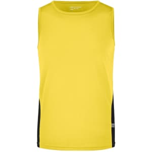 A yellow men's running tank with black side panels and a logo on the front.