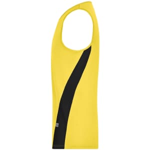 A yellow men's running tank featuring a black side panel and a logo. Perfect for athletic wear.
