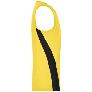 A yellow men's running tank top with a black accent stripe on the side. It features a logo.