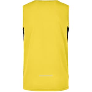 A yellow men's running tank with black side panels and a branding logo on the back.