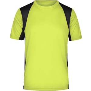 A men's T-shirt in fluoro yellow with black accents, featuring a logo on the fabric.