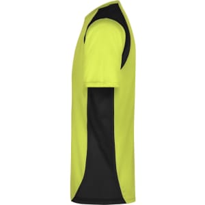 A T-shirt in fluorescent yellow with black accents, featuring a logo on the side.