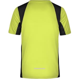 A men's running T-shirt in fluoro yellow and black, featuring short sleeves and a logo.