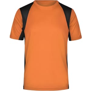 A men's T-shirt in fluorescent yellow with black sleeves, featuring a logo on the fabric.