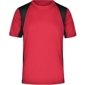 Men's T-shirt in bright red with black sleeves, featuring a logo on one side. Suitable for active wear.