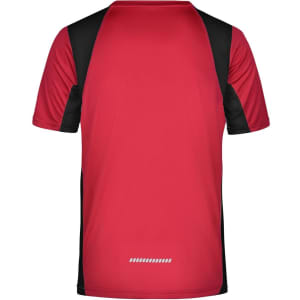A men's running T-shirt in fluoro yellow and black with short sleeves and a logo on the back.