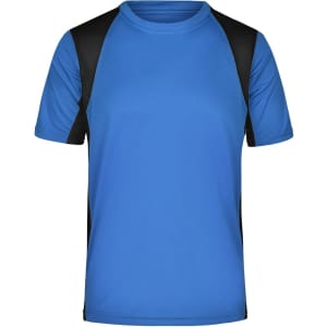 A T-shirt in blue with black sleeves, featuring a logo on the front. Suitable for running or casual wear.
