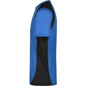 A blue and black men's running T-shirt with short sleeves and a side view design. It features a logo on the fabric.