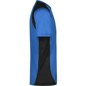 A T-shirt in bright blue with black side panels, featuring a logo on the front.