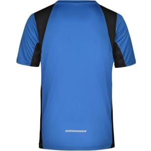 A blue and black men's running T-shirt featuring a sporty design and branding on the back.