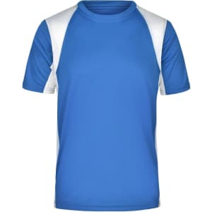 A blue and white men's running T-shirt with a fitted design and short sleeves. It features a logo on the front.