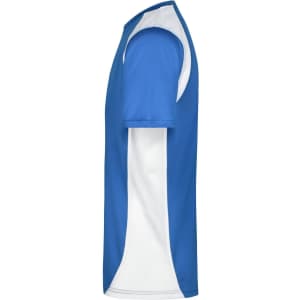 A T-shirt in blue with white accents, featuring a logo on the side. Suitable for active wear.
