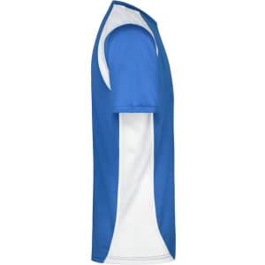 A blue and white men's T-shirt, featuring a sporty design and a logo on the front.