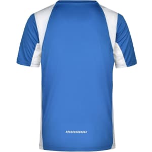 A blue and white men's running T-shirt with a sporty design and a logo on the back.