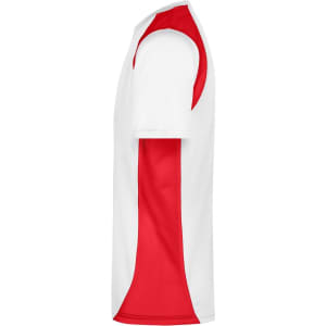 A T-shirt featuring a white body with red accent panels on the sides. The shirt has a logo.