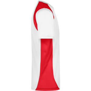 A T-shirt in white and red, featuring a contrasting design with a logo.