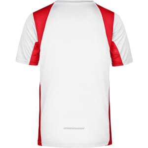 A men's T-shirt in white with red sleeves, featuring a logo.