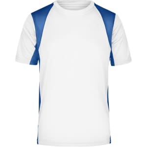 A men's T-shirt in white with blue sleeves and side panels, featuring a logo on one side.