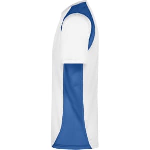 A side view of a men's T-shirt in white with blue accents. The shirt has a sporty design and a logo.