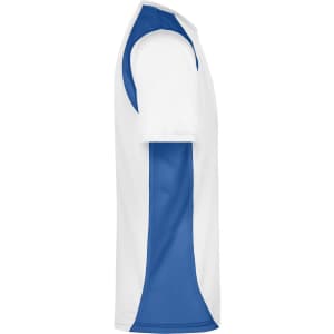 A side view of a men's T-shirt in white with blue accents and short sleeves. The shirt has a logo.
