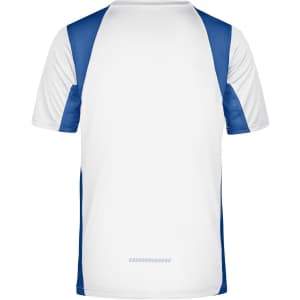 A T-shirt featuring a white base with blue side panels and a logo. Suitable for sports and casual wear.