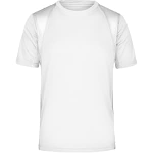 A short-sleeved men's running T-shirt in white with a logo on the front.