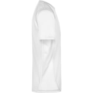 A white men's T-shirt featuring short sleeves and a side view design. It has a simple, clean appearance.