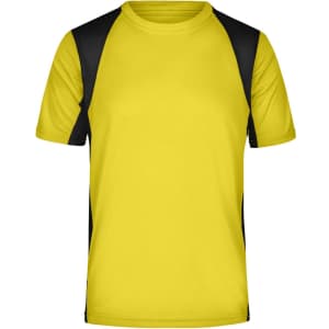 A men's running T-shirt in fluorescent yellow with black accents, featuring a logo.