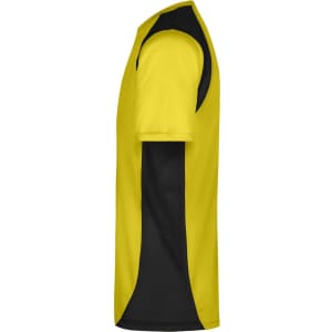 A men's T-shirt in fluoro yellow with black accents, featuring a logo on the design.