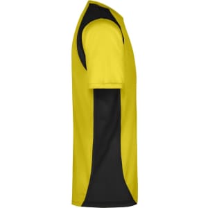 A T-shirt in fluoro yellow with black sides, featuring a small logo. Suitable for men's running wear.