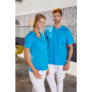 A blue unisex tunic is worn by a man and woman, featuring short sleeves and a v-neck design.