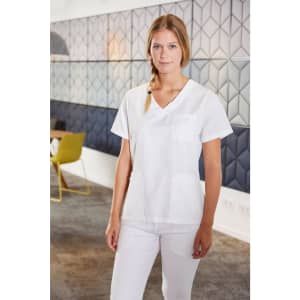 A white tunic with a V-neck and two front pockets, designed for women's uniforms, featuring a subtle logo.