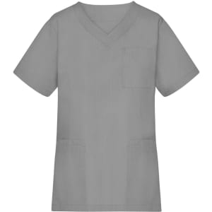 A grey tunic with short sleeves and a V-neck, featuring a pocket and two side pockets.