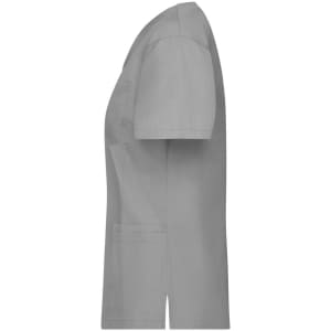 A grey tunic with short sleeves, featuring a pocket and a simple design, displayed from the side.