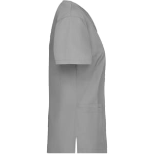 A grey tunic with short sleeves and a pocket on the side. Features a simple design with a logo.