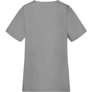 A grey tunic with short sleeves and a simple design, featuring a logo on the back.
