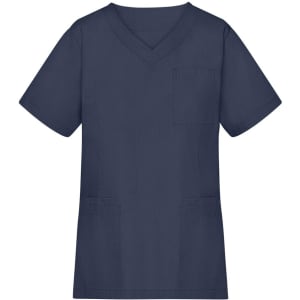 A navy blue tunic with a V-neck design, featuring a pocket and two side pockets. It has short sleeves and a simple style.
