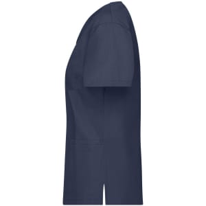 A navy blue tunic with short sleeves and pockets, featuring a logo on the chest.