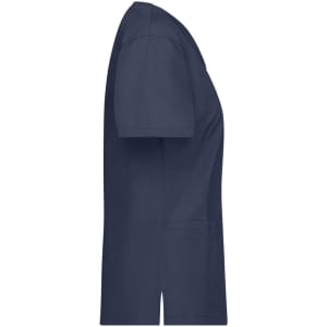 A navy blue tunic with short sleeves and side slits, featuring a pocket and a logo.
