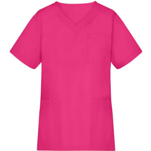 A pink tunic featuring short sleeves and a v-neckline, with a front pocket and side pockets. It has a logo.