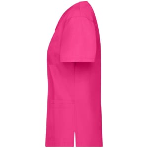 A pink tunic uniform featuring short sleeves and a side view, with pockets and a logo.