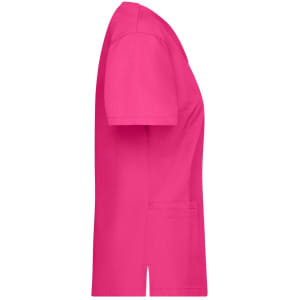 A pink tunic uniform with short sleeves and side slits, featuring a pocket. Also has a logo.