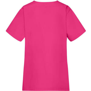 A pink tunic with short sleeves and a plain back, featuring a logo.