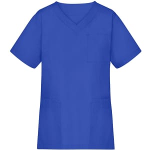 A blue tunic with a V-neck and short sleeves, featuring a chest pocket and two side pockets, with a logo.