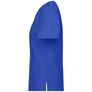 A blue tunic-style uniform featuring short sleeves and a side slit, with a pocket and a logo.