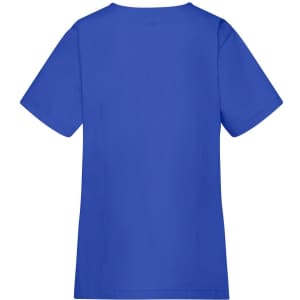 A blue tunic with short sleeves, featuring a simple design and a branding logo on the back.